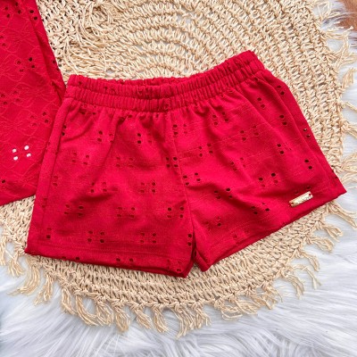Conj. Blusa com Pérola e Short em Lese - Vermelho